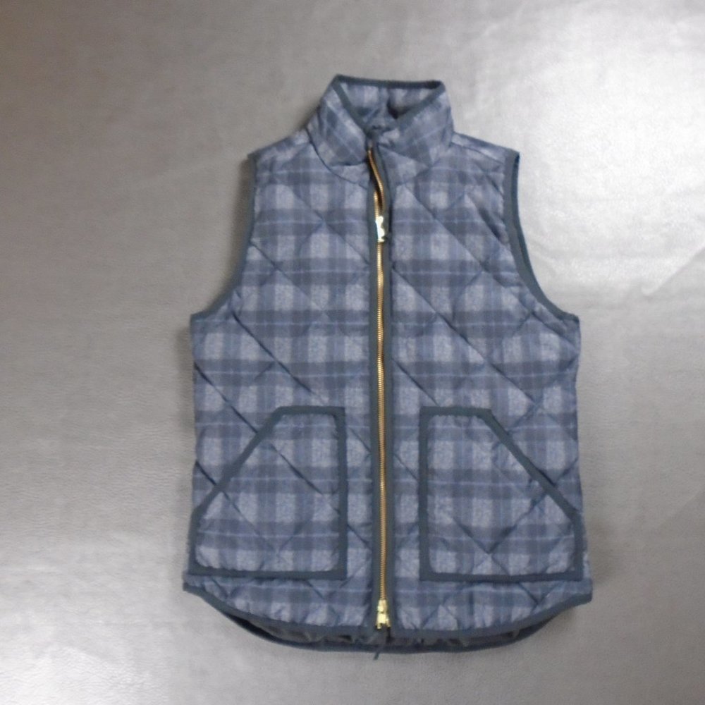 J. Crew XS Quilted Down Puffer Vest Full Zip Sleeveless Plaid Flannel Gray